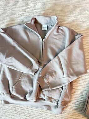 Aritzia Sweatfleece Quarter-Zip in Taupe and Matching Straight Let SweatPants